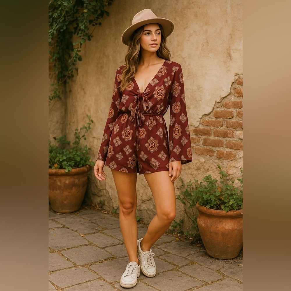 Taylor & Sage Paisley Romper Small Tie Front Boho Hippie Festival Medallion